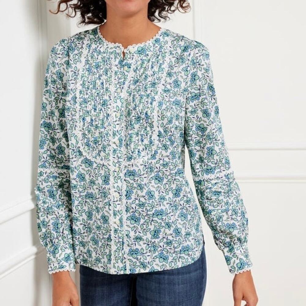 Talbots Scallop Lace Trim Top in Blooming "Daffodils" Floral Size Large